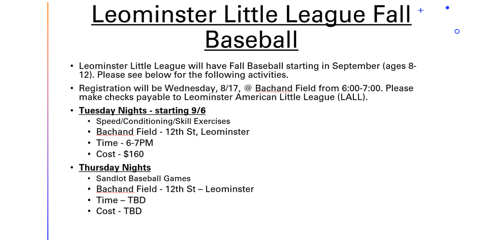 Leominster Little League Fall Baseball - registration Aug 17